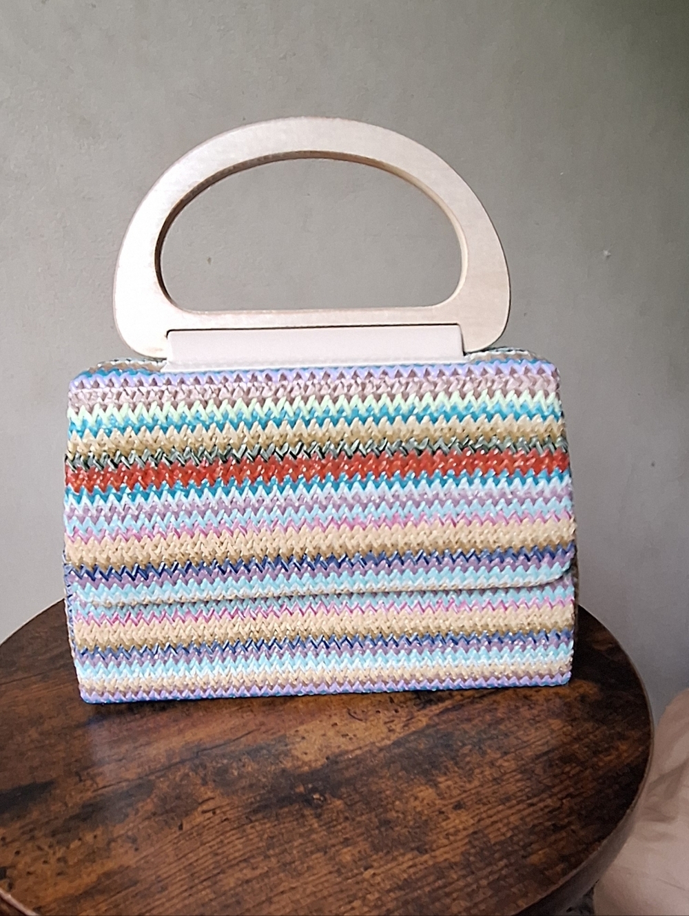 Multicolor Striped Woven Clutch with Ivory Handle